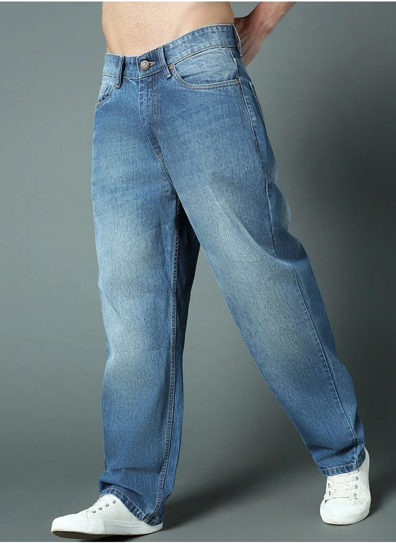 هاي ستار Blue Wide Leg Light Fade Stretchable Jeans for Men, Cotton