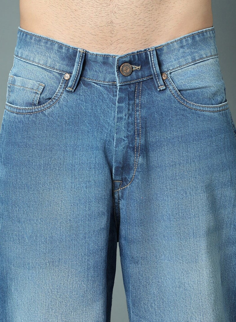 HIGH STAR Blue Wide Leg Light Fade Stretchable Jeans for Men, Cotton - Image 5