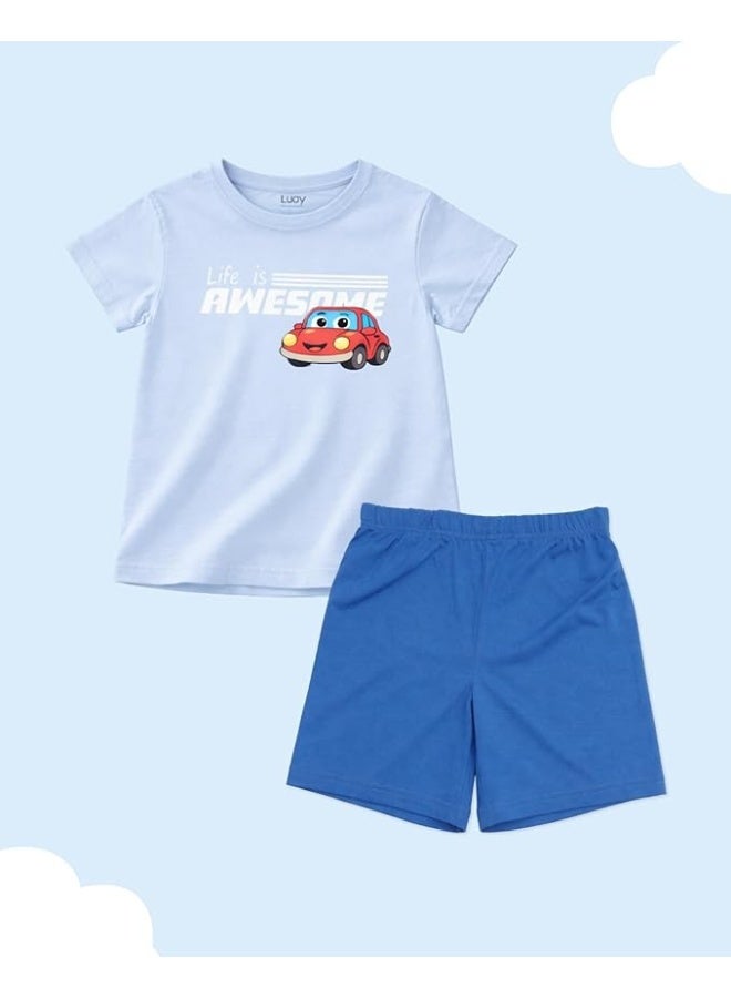 LUAY Boys 100% Cotton T-Shirt & Shorts Set | Summer Casual Outfit for Kids & Toddlers | Soft Breathable Fabric | Cartoon Car Print | Light Blue & Blue - Image 2