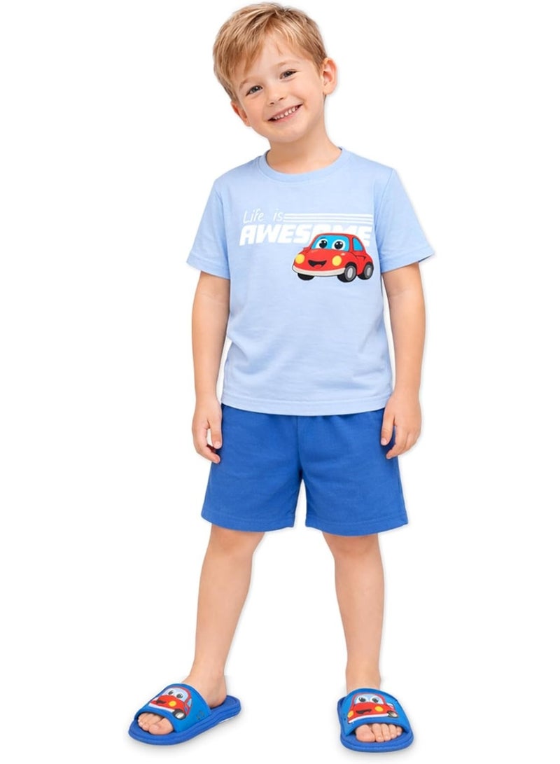 LUAY Boys 100% Cotton T-Shirt & Shorts Set | Summer Casual Outfit for Kids & Toddlers | Soft Breathable Fabric | Cartoon Car Print | Light Blue & Blue - Image 1