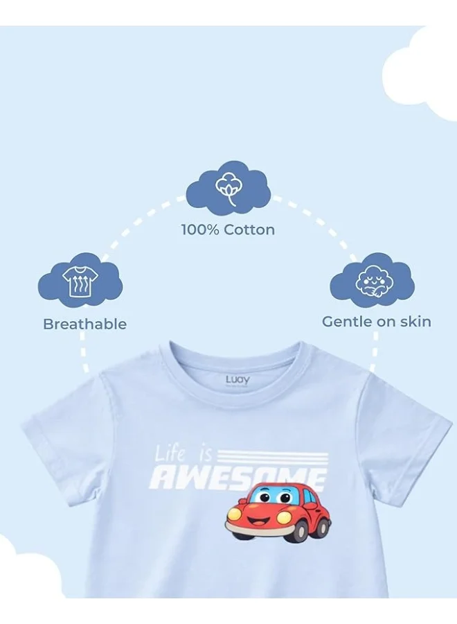 Luay Blue Boys 100% Cotton T-Shirt & Shorts Set | Summer Casual Outfit for Kids & Toddlers | Soft Breathable Fabric | Cartoon Car Print | Light Blue & Blue for Men | Best Price UAE