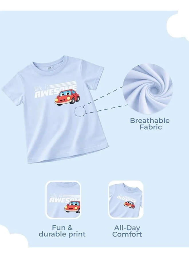 Luay Blue Boys 100% Cotton T-Shirt & Shorts Set | Summer Casual Outfit for Kids & Toddlers | Soft Breathable Fabric | Cartoon Car Print | Light Blue & Blue for Men | Best Price UAE