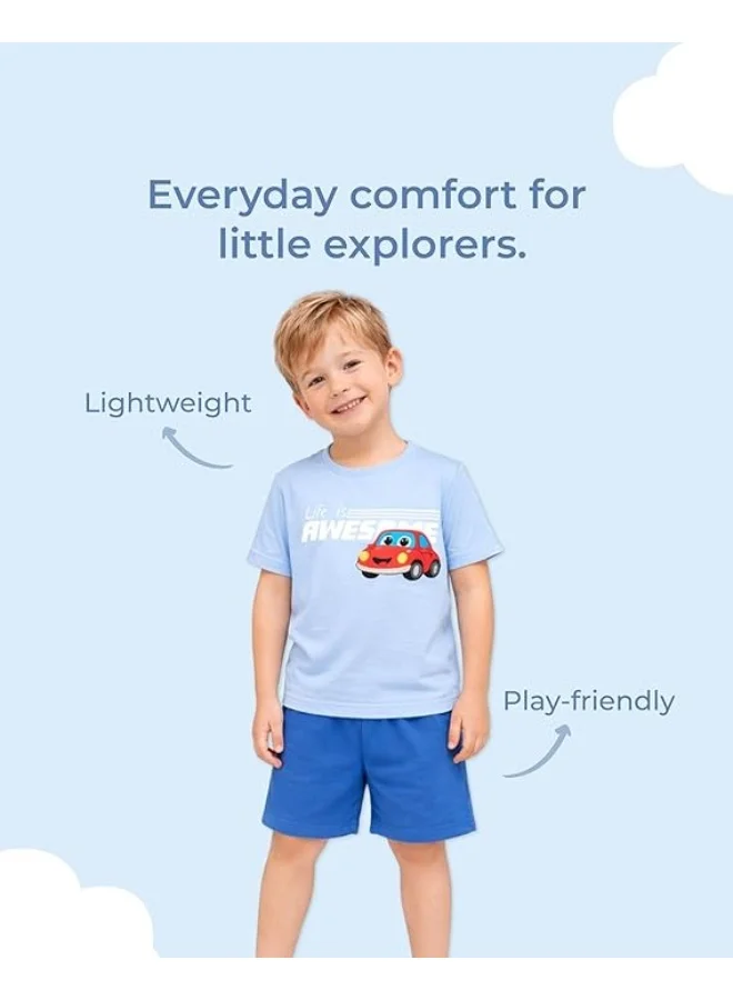 Luay Blue Boys 100% Cotton T-Shirt & Shorts Set | Summer Casual Outfit for Kids & Toddlers | Soft Breathable Fabric | Cartoon Car Print | Light Blue & Blue for Men | Best Price UAE
