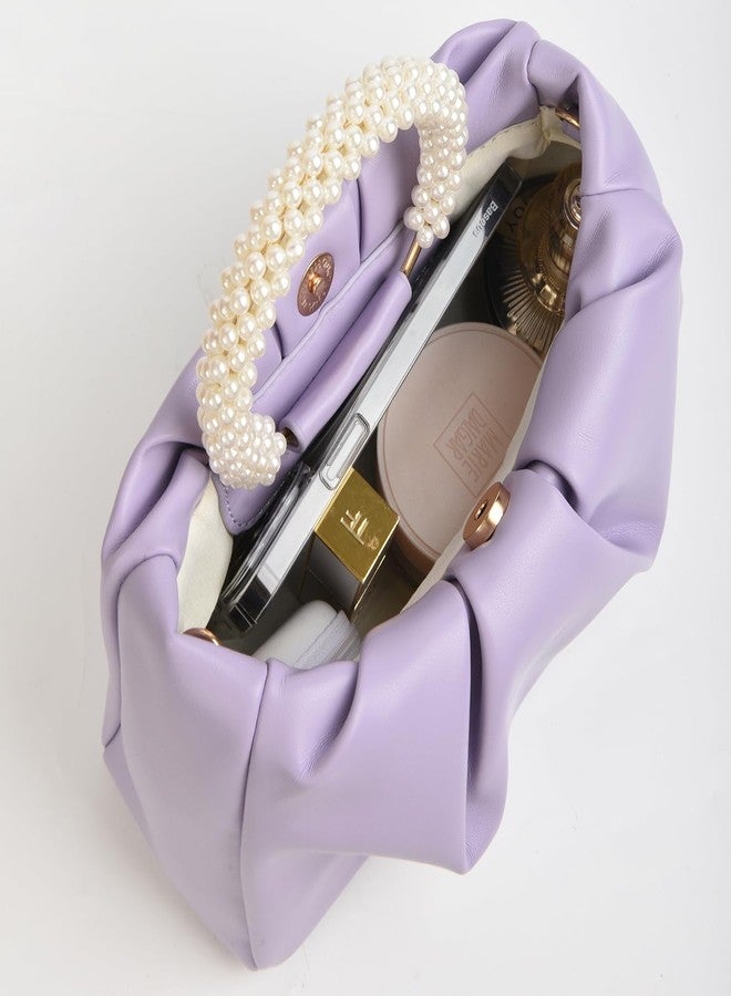 Valleycomfy Evening Clutch Pearl Purses for Women Ladies Soft Leather Cloud Crossbody Bags Shoulder Bag for Party/Wedding/Cocktail, Purple, Small - Image 3