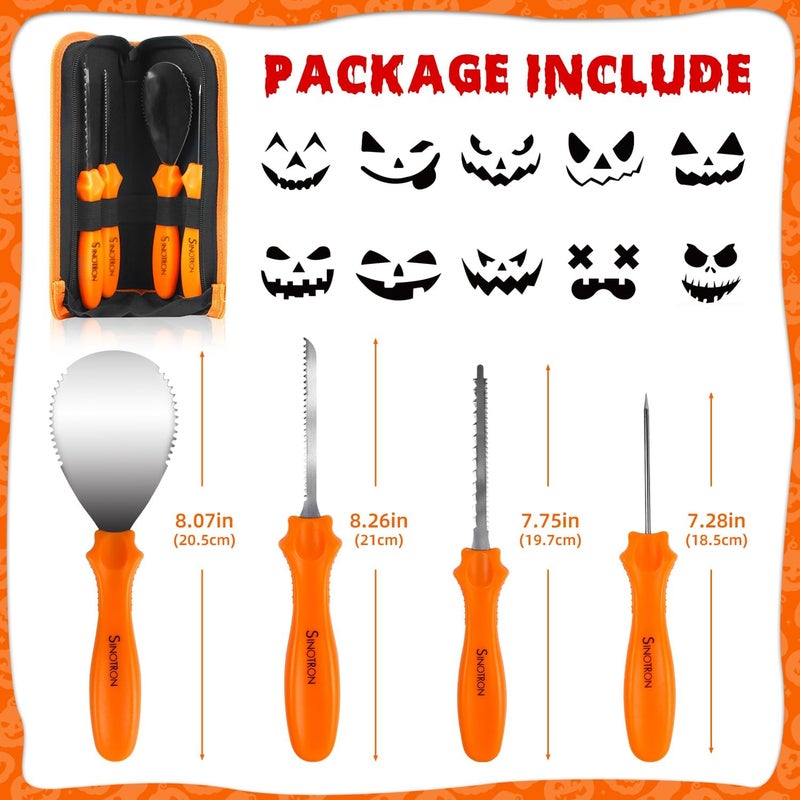 sinotron Pumpkin Carving Kit - 4 Easy Halloween Pumpkin Carving Tools Set with 10 Stencils Patterns, Professional Heavy Duty Pumpkin Carving Knife for Family Party Halloween Decorations Decor - Image 2