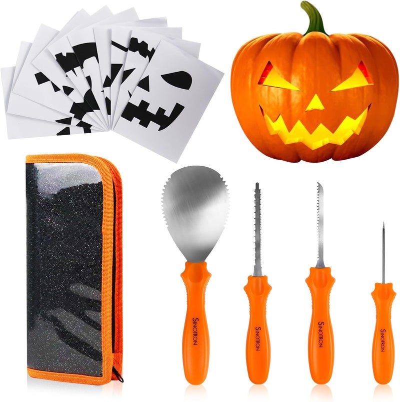 sinotron Pumpkin Carving Kit - 4 Easy Halloween Pumpkin Carving Tools Set with 10 Stencils Patterns, Professional Heavy Duty Pumpkin Carving Knife for Family Party Halloween Decorations Decor - Image 1