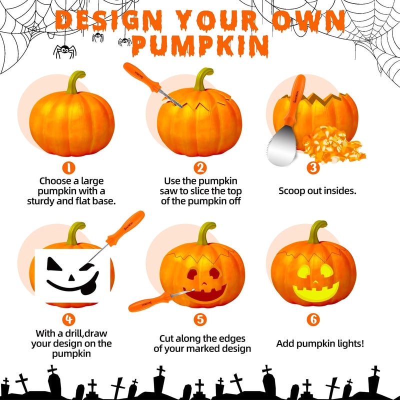sinotron Pumpkin Carving Kit - 4 Easy Halloween Pumpkin Carving Tools Set with 10 Stencils Patterns, Professional Heavy Duty Pumpkin Carving Knife for Family Party Halloween Decorations Decor - Image 4