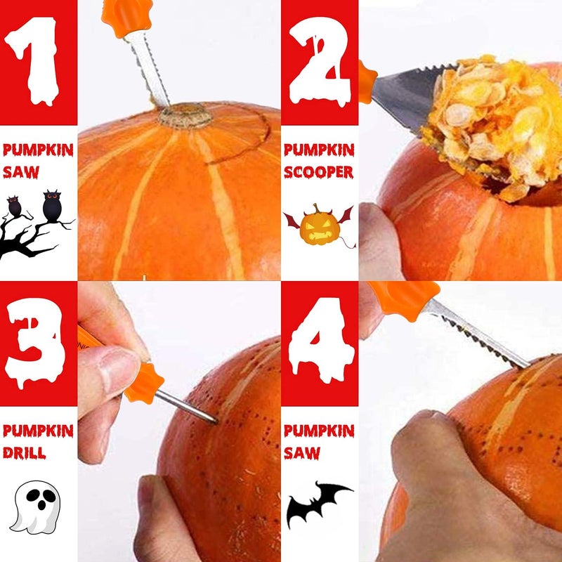 sinotron Pumpkin Carving Kit - 4 Easy Halloween Pumpkin Carving Tools Set with 10 Stencils Patterns, Professional Heavy Duty Pumpkin Carving Knife for Family Party Halloween Decorations Decor - Image 3
