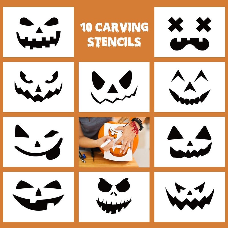 sinotron Pumpkin Carving Kit - 4 Easy Halloween Pumpkin Carving Tools Set with 10 Stencils Patterns, Professional Heavy Duty Pumpkin Carving Knife for Family Party Halloween Decorations Decor - Image 5