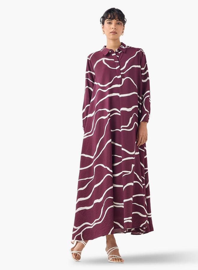 ايكونيك فستان ماكسي أيقوني بطبعة وياقة وأكمام طويلة - Image 2