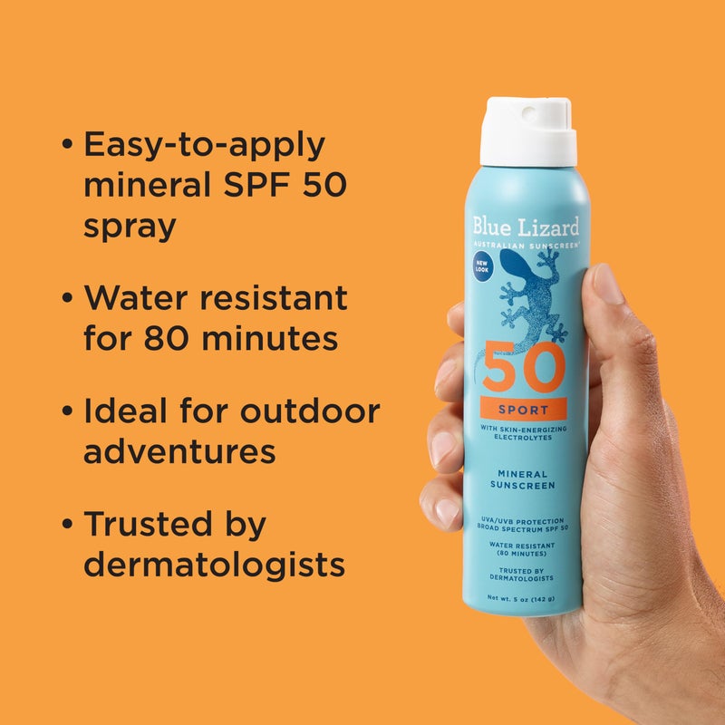 BLUE LIZARD Sport Mineral Sunscreen Spray SPF 50+, Dermatologist-Recommended Brand, Broad-Spectrum UVA/UVB Protection, Water-Resistant, Zinc Oxide Formula, Vegan, 5 fl oz - Image 2