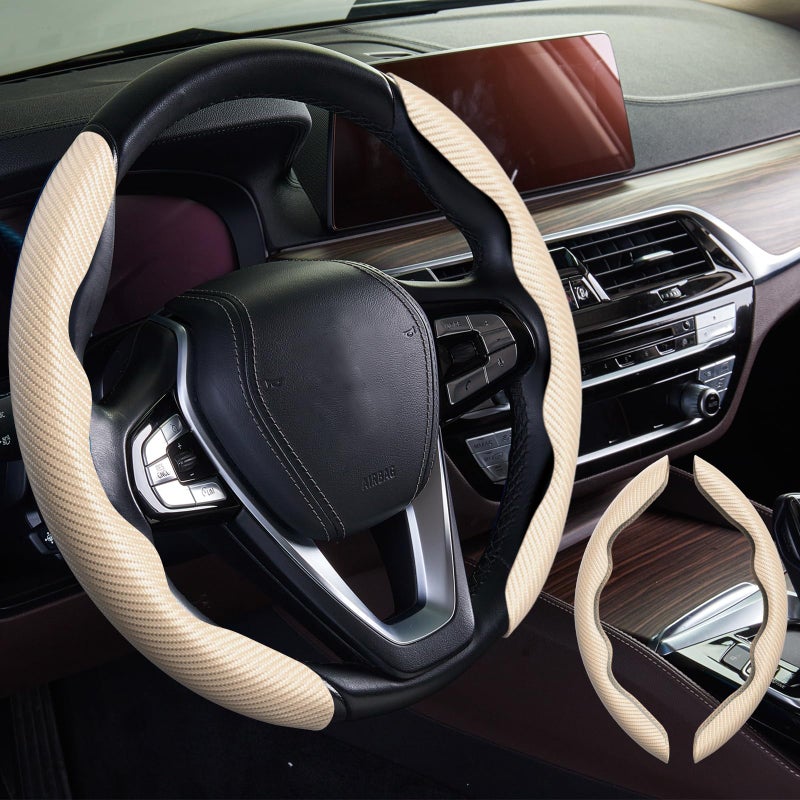 WOCOCN 2pcs Car Steering Wheel CoverAntiSkid Carbon Fiber Steering Wheel Protector for Men WomenMultiple Color OptionsUniversal for Most Car Interiors Accessories Beige