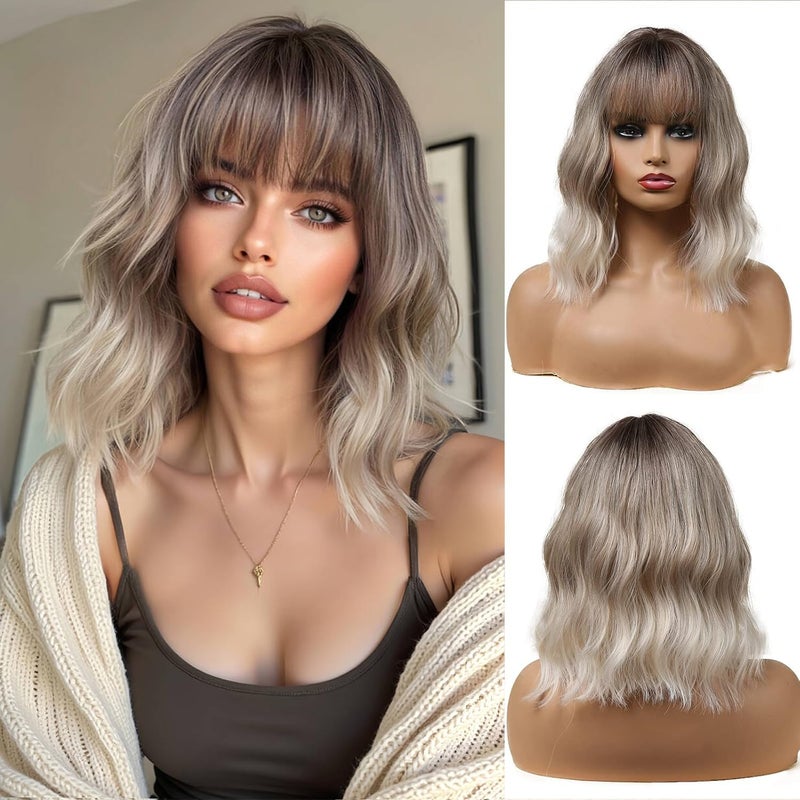 Esmee 14 Inches Short Pink Wigs with Bangs for Women Natural Synthetic Hair Ombre Wig with Dark Roots Loose Wavy Wigs for Cosplay Daily Party Wear