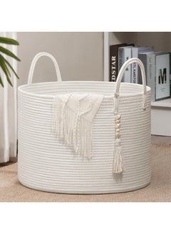 Goodpick Goodpick Large Laundry Basket Decorative White Basket for Blankets, Baby Storage Basket for Nursery, Living Room, Bedroom, Big Rope Hamper  - Image 1