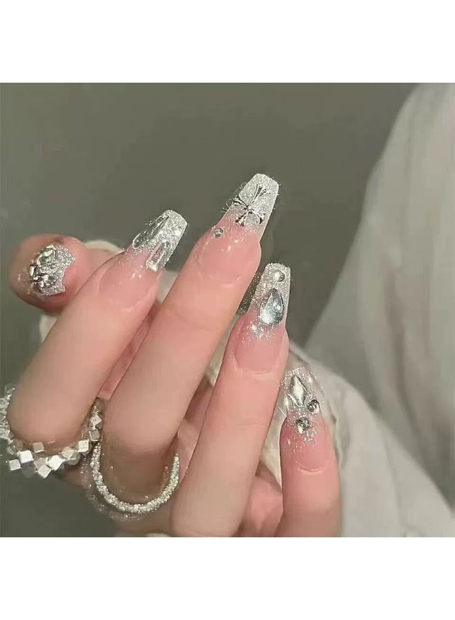 Goolsky Sparkly Crushed Diamond Chrome Hearts Cross Press-on Nails for Cool Edgy Style - Image 3