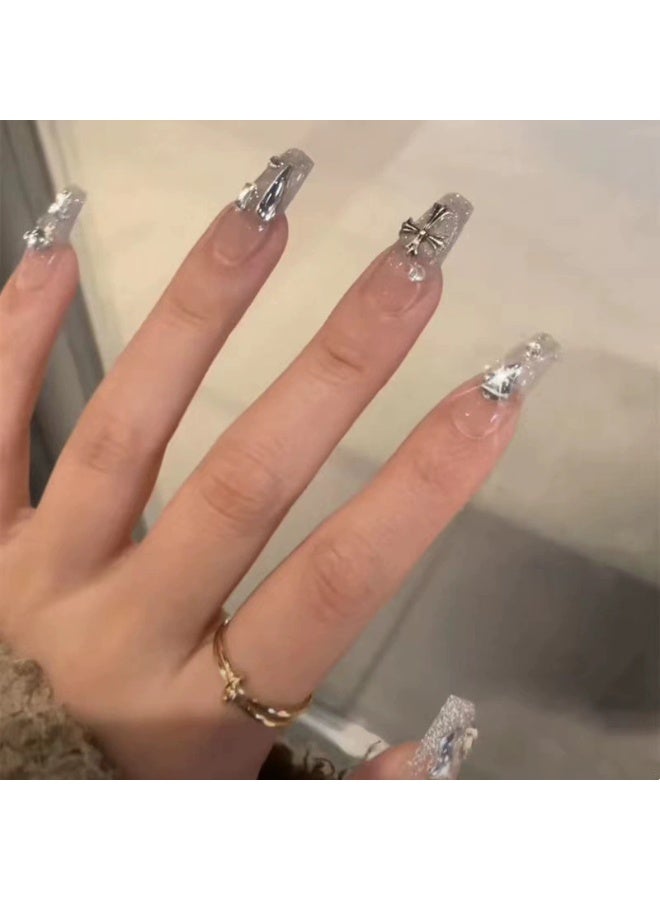 Goolsky Sparkly Crushed Diamond Chrome Hearts Cross Press-on Nails for Cool Edgy Style - Image 1