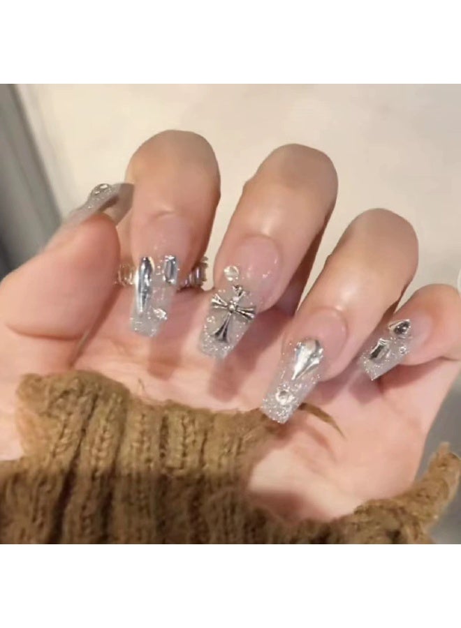 Goolsky Sparkly Crushed Diamond Chrome Hearts Cross Press-on Nails for Cool Edgy Style - Image 2
