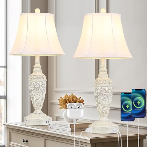 Sheetea 2-Pack 26.8’’ Vintage Table Lamps with Dual USB Charging Ports & AC Outlet, Traditional White Bedside Lamps Set of 2 with Carved Resin Base and Faux Silk Shade for Bedroom, Living Room, Office - Image 1