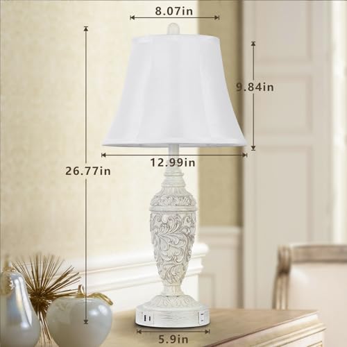Sheetea 2-Pack 26.8’’ Vintage Table Lamps with Dual USB Charging Ports & AC Outlet, Traditional White Bedside Lamps Set of 2 with Carved Resin Base and Faux Silk Shade for Bedroom, Living Room, Office - Image 4