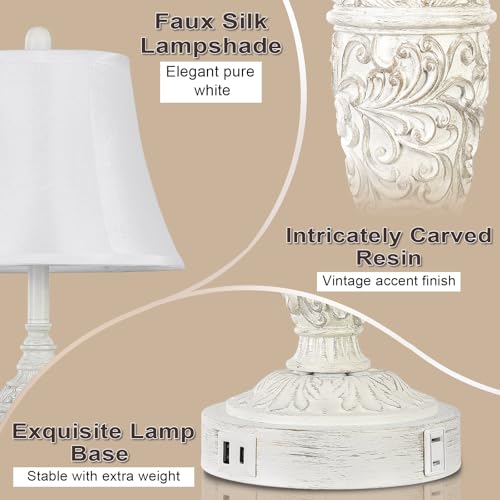 Sheetea 2-Pack 26.8’’ Vintage Table Lamps with Dual USB Charging Ports & AC Outlet, Traditional White Bedside Lamps Set of 2 with Carved Resin Base and Faux Silk Shade for Bedroom, Living Room, Office - Image 3