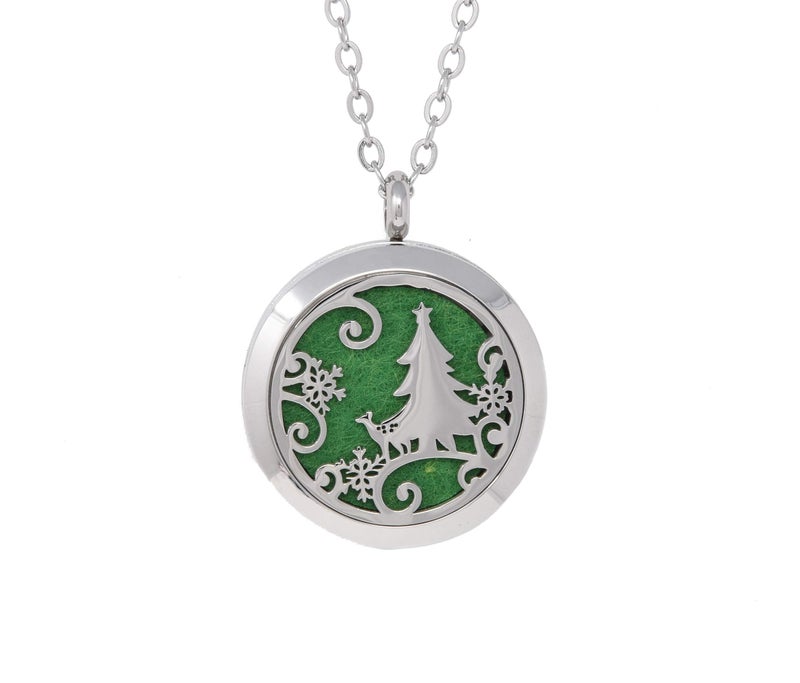 Simply Essential Solutions Aromatherapy Essential Oil Diffuser Stainless Steel 30 MM Silver Magnetic Locket Pendant 2 Sizes Chain Necklace, Refill Pads & Diffuser Bracelet in a Velvet Bag (Christmas Tree Deer) - Image 1