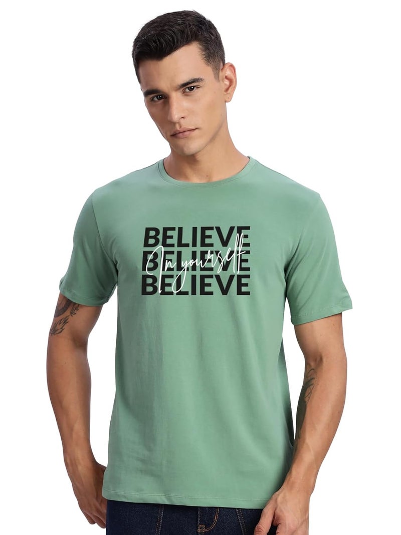 ADRO Men's Pastel Green Motivational Printed T-Shirt - Believe in Yourself Graphic, Regular Fit, Cotton Lycra Stretch Fabric - Image 1