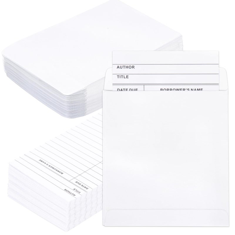 fuceury 100 Piece Library Pockets & Cards - Check Out Cards & Book Envelopes for School, Office & Public Library - Image 1