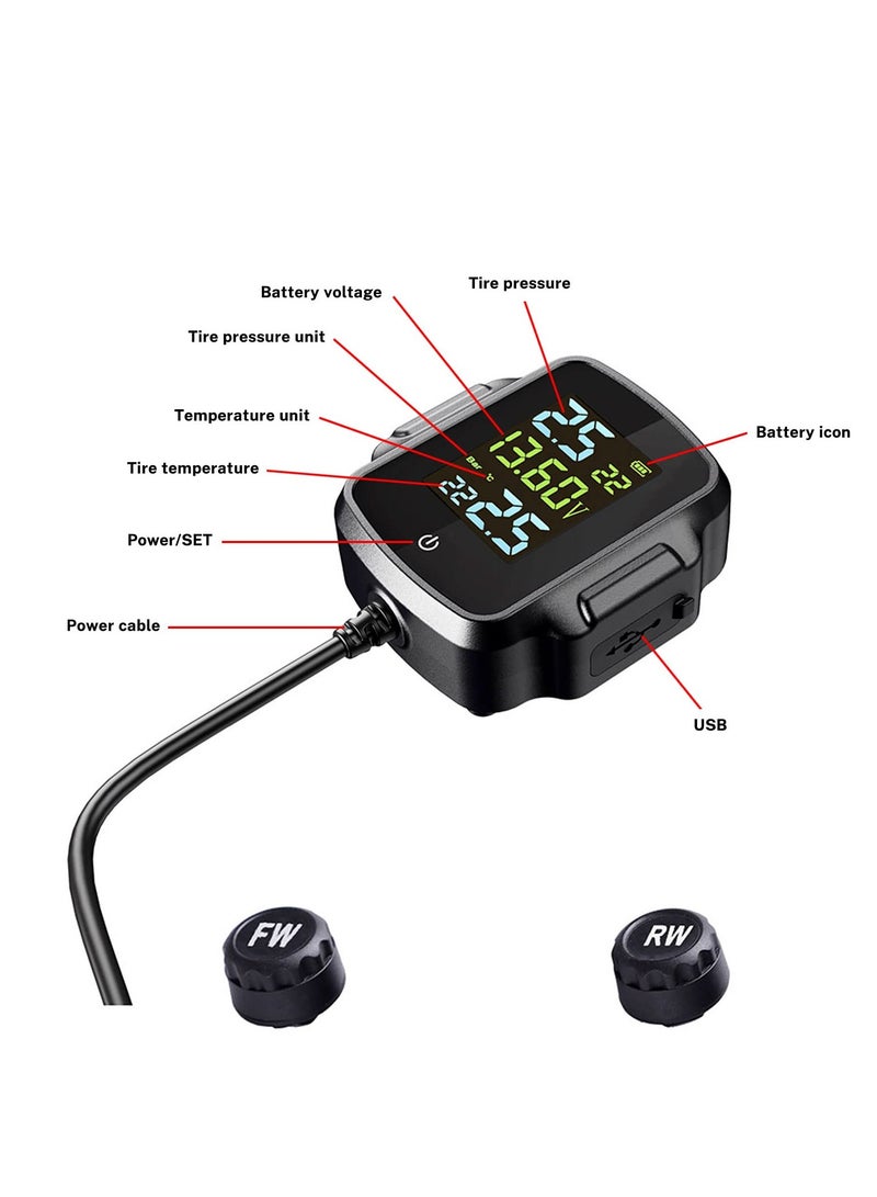 Zikra Wireless Motorcycle Tire Pressure Monitoring System with Voltage Monitoring, USB Charging, and 2 External Sensors - Real-Time Digital LCD Display, IP67 Waterproof Design. - Image 5