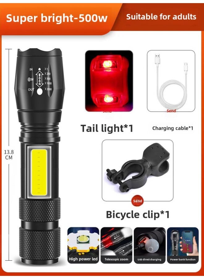 Bicycle Night Riding Headlight Rechargeable Waterproof Strong Light Flashlight Focus Long-range Mountain Bike Astigmatism Light Cycling Outfit-Product Specifications:Super Bright-500w USB Direct Charging + Power Bank Function Car Clip + Zoom + Tail Light - Image 1