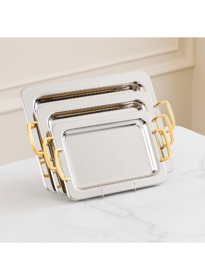 السيف  ✨ طقم صواني فاخر من السيف – 3 مقاسات من الستانلس ستيل بمقابض ذهبية ✨ - Image 1