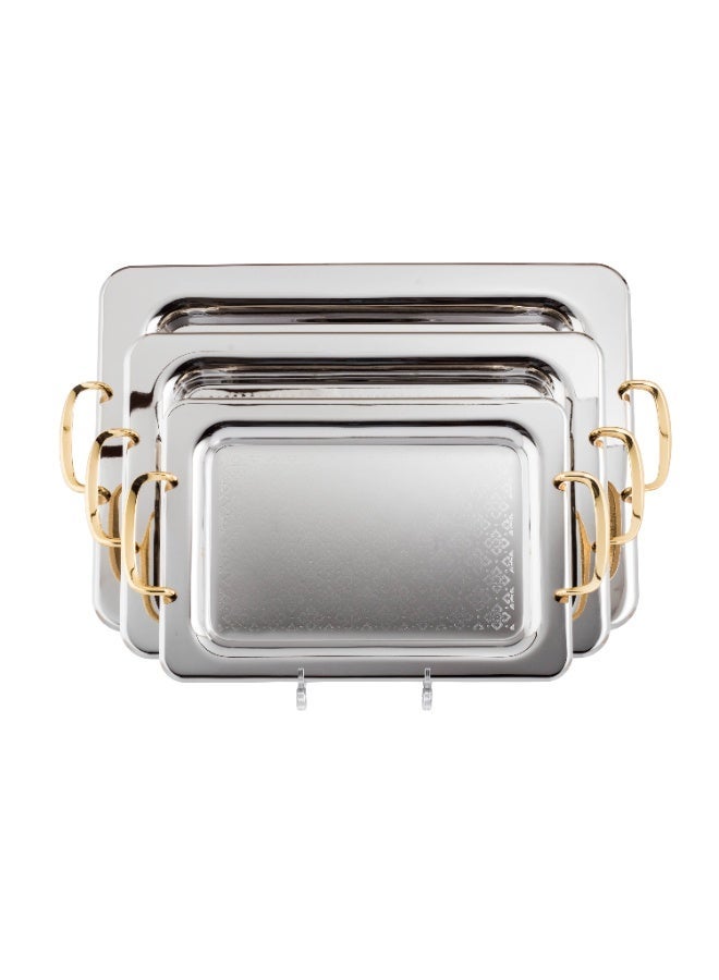 السيف  ✨ طقم صواني فاخر من السيف – 3 مقاسات من الستانلس ستيل بمقابض ذهبية ✨ - Image 2