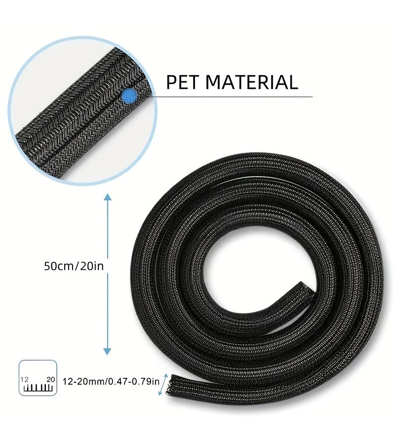 20 Inches Black Flexible Cable Sleeve Durable Polyester Braided Self Wrapping Protector For TV Computer Home Theater Engine Bay Pet Safety Chew Resistant 20 To 65 Inches - Image 3