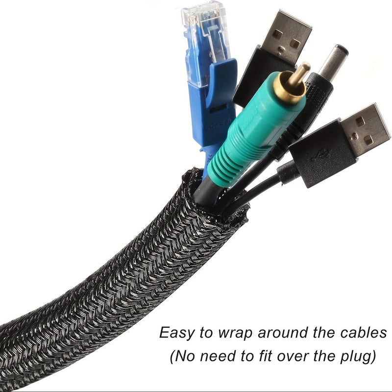 20 Inches Black Flexible Cable Sleeve Durable Polyester Braided Self Wrapping Protector For TV Computer Home Theater Engine Bay Pet Safety Chew Resistant 20 To 65 Inches - Image 2