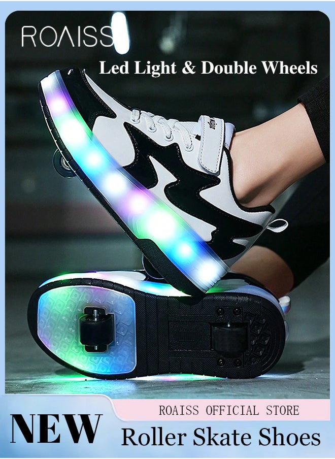 roaiss - Kids Unisex Double Wheel Roller Skates LED Light Multimode Adjustable Rechargeable Velcro Sneakers for Children Boys and Girls Teenagers Outdoors Luminous Shoes with Detachable Roll Wheels - Image 1