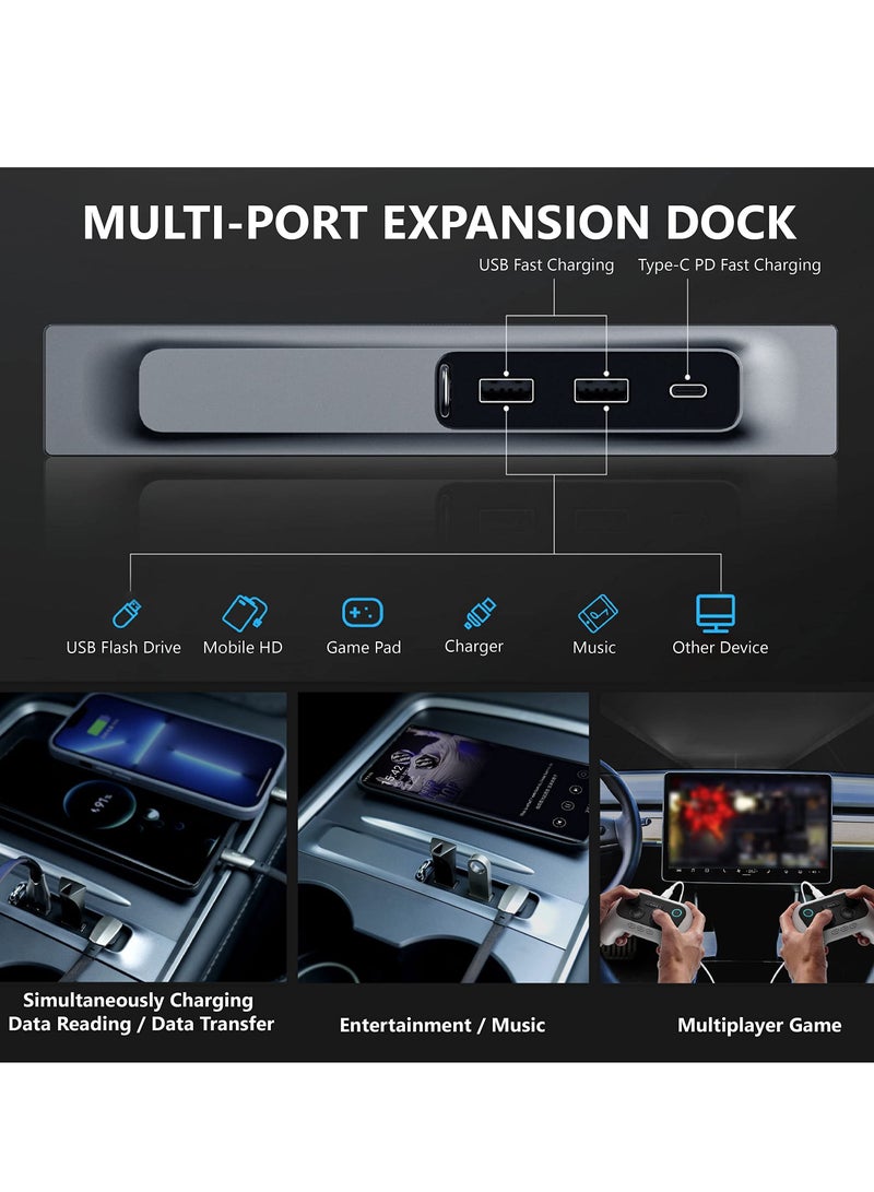 KASTWAVE USB C Docking Station for Tesla Model Y / 3 Center Console Smart LED Multiport HUB Charger Adapter Splitter Extension Accessories with Sliding Cap, PD Fast Charge Port  - Image 2
