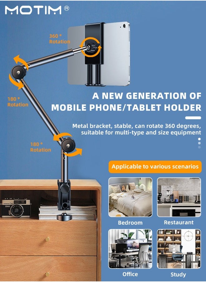 Motim - Tablet Stand Phone Holder 2 in 1, iPad Holder for Desk Bed Mount, Tablet Phone Overhead Stand, 360 Degree Angle Adjustable, Aluminum C Clamp Desktop Stand Compatible with 4-12.9" Cellphone or Tablet - Image 1