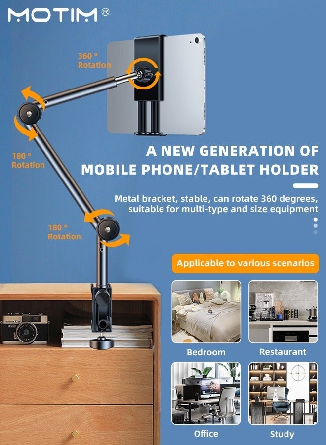 Motim Adjustable Tablet Stand & Phone Holder, Lazy Tablet Phone Stand Hands Free for Desk Bed Sofa Mount, Aluminum C Clamp Desktop Tablet Phone Overhead Stand, 360° Rotation Compatible with iPhone 16 15 Pro iPad Kindle Galaxy Tab 4.6-12.9 Inch Devices - Image 2