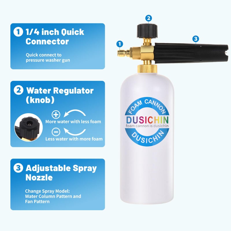 DUSICHIN SFL-001 Foam Cannon Snow Foam Lance Pressure Washer Jet Wash Quick Release Adjustable Nozzle 1/4 Inch Male Fitting Foam Dispenser - Image 3