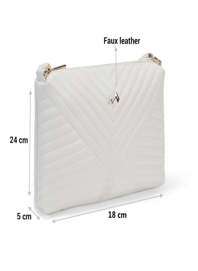 Metro Women White Casual PU Soft Body Zipper closure Quilted Sling Bag (66-780) - Image 4