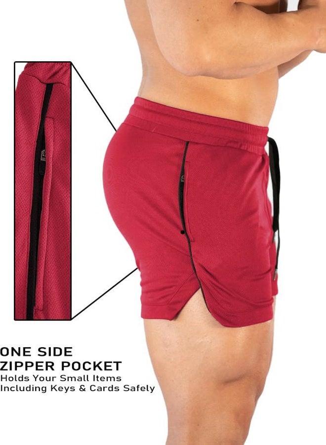 FLYFIREFLY Men's Gym Workout Shorts Running Lightweight Athletic Short Pants Bodybuilding Training, Red, L - Image 4