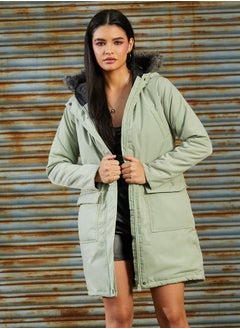 Campus Sutra Women's Sage Green Long Puffer Jacket With Fur Detail  - Image 2