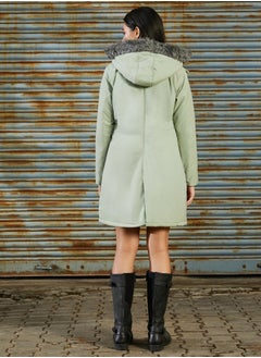 Campus Sutra Women's Sage Green Long Puffer Jacket With Fur Detail  - Image 5