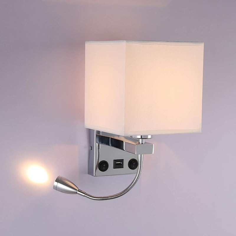 ALLOMN ALLOMN Night Wall Light, LED Reading Wall Light, Modern Wall Light Made of Polished Chrome with Adjustable Gooseneck Spotlight, Double Switch, with USB Port for Charging E27 (with USB, Pack of 1)  - Image 1