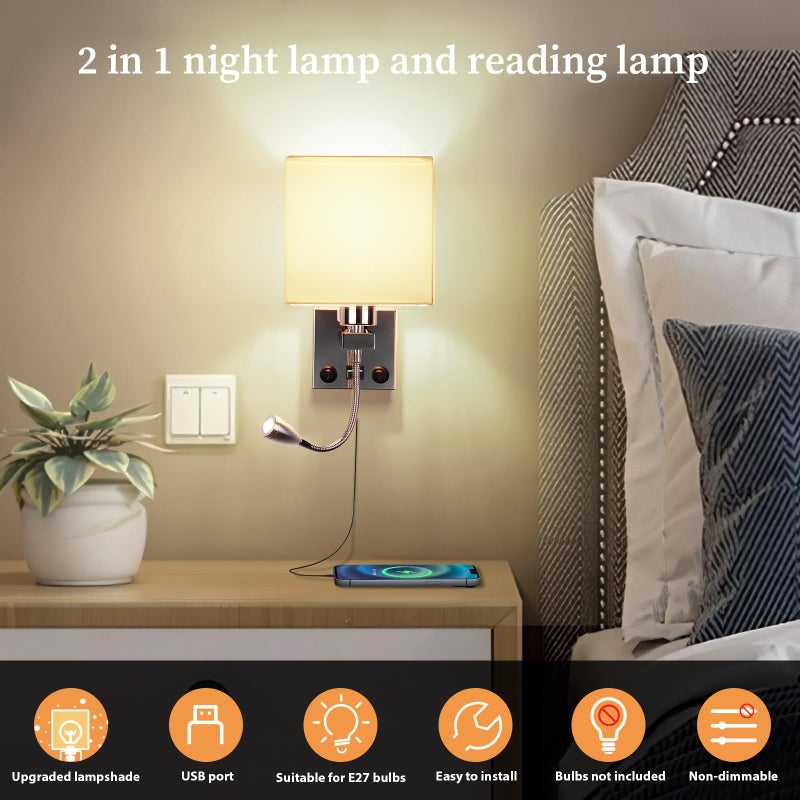 ALLOMN ALLOMN Night Wall Light, LED Reading Wall Light, Modern Wall Light Made of Polished Chrome with Adjustable Gooseneck Spotlight, Double Switch, with USB Port for Charging E27 (with USB, Pack of 1)  - Image 2