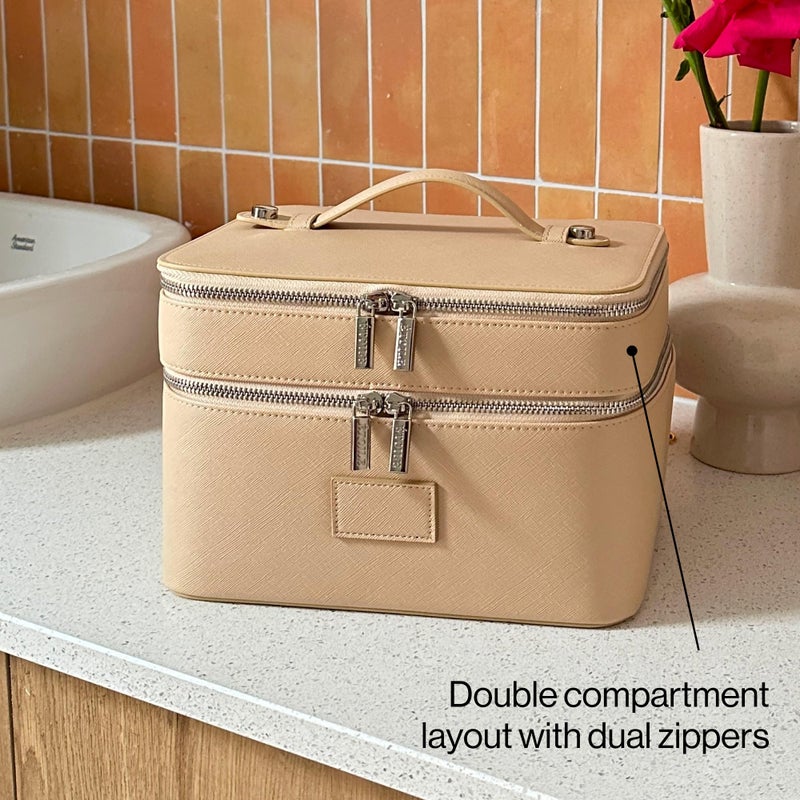 ETOILE - Duo Vanity Case Beige - Large Functional Travel Makeup Bag Organizer with Removable Divider & Mirror - Image 2
