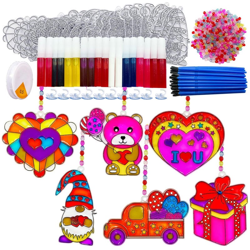 AUEKIV Valentines Suncatcher Crafts Kit 24sets Heart DIY Window Paint Art Suncatchers,Bear Sun Catchers for Valentine's Day Mother's Day Gift Exchange Classroom Art Project Party Favors - Image 1