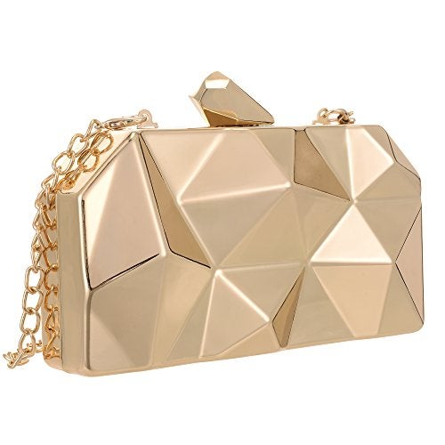 QZUnique Women's Lattice Gold Clutch Purses - Geometric Lattice Metal Evening Bag with Golden Stone Cut for Party - Image 4