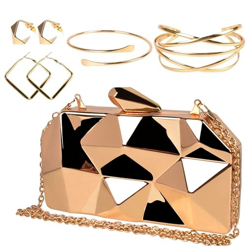 QZUnique Women's Lattice Gold Clutch Purses - Geometric Lattice Metal Evening Bag with Golden Stone Cut for Party - Image 1