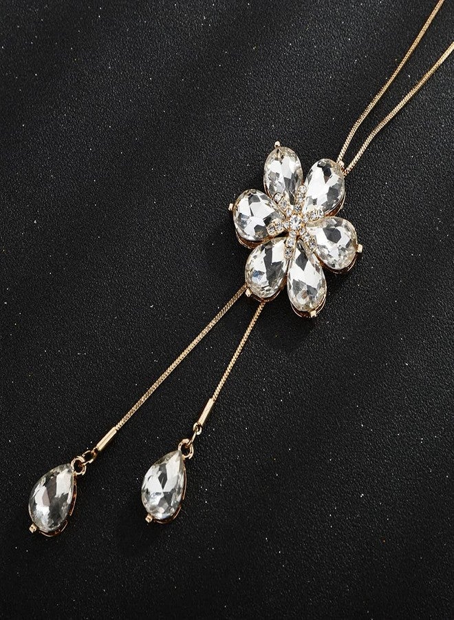Chargances Gold Crystal Flower Pendant Necklace Long Sweater Necklace Rhinestone Pendant Y Choker Necklaces Fashion Jewelry for Women (Gold) - Image 5