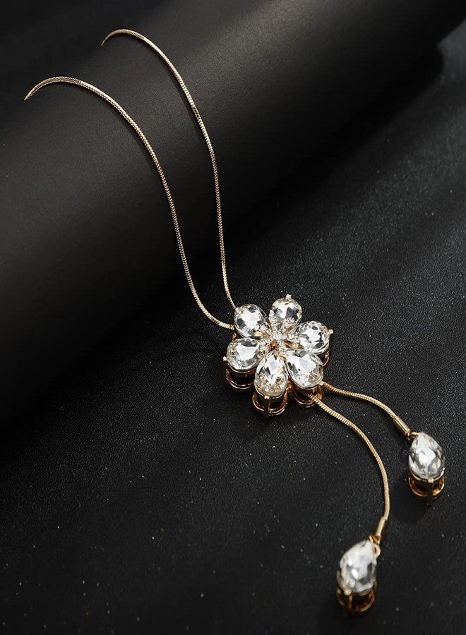 Chargances Gold Crystal Flower Pendant Necklace Long Sweater Necklace Rhinestone Pendant Y Choker Necklaces Fashion Jewelry for Women (Gold) - Image 4
